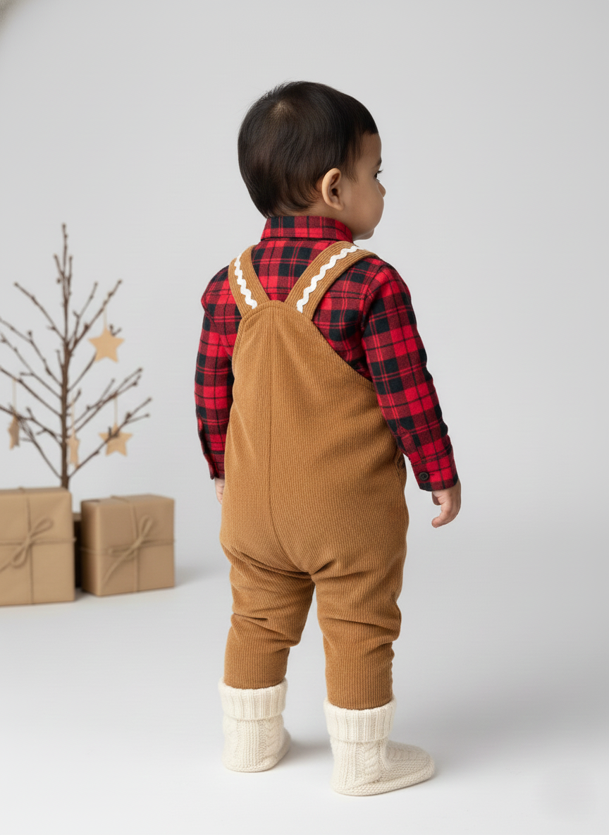 Infant Brown Christmas Dungarees with Romper Set