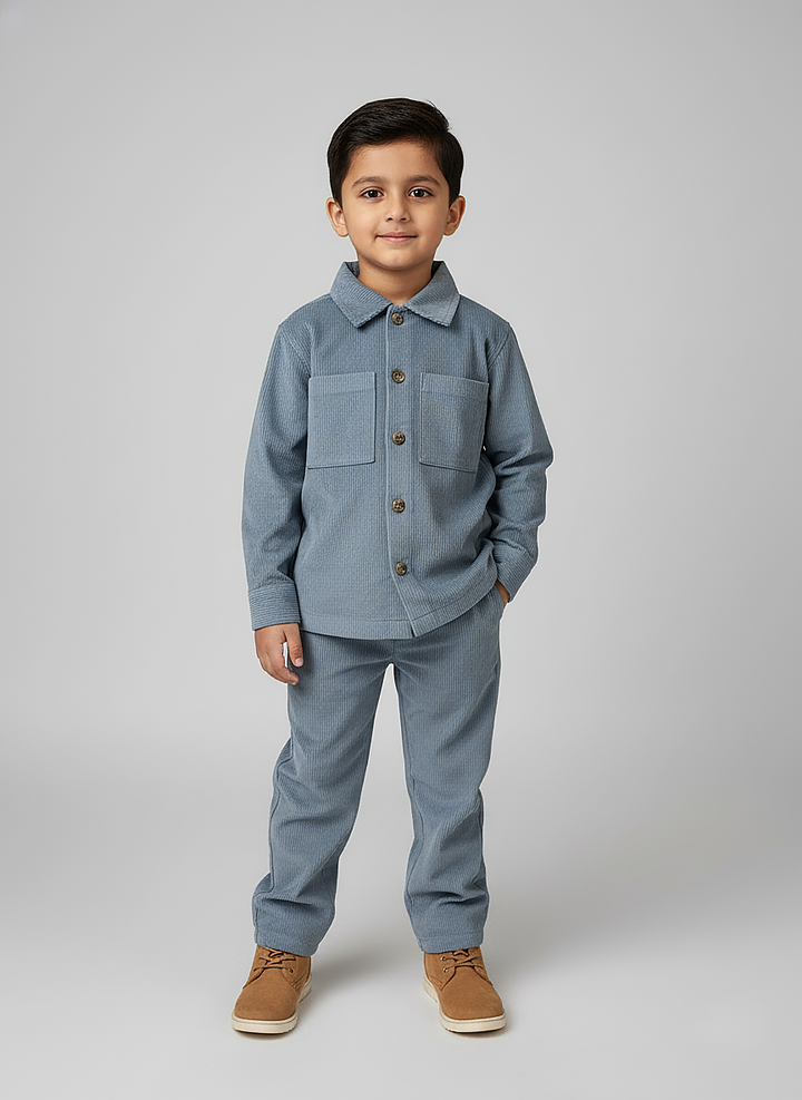 Boys Grey Corduroy Dual Pocket Shirt & Bottom Set