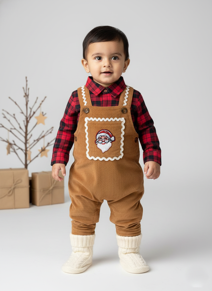 Infant Brown Christmas Dungarees with Romper Set