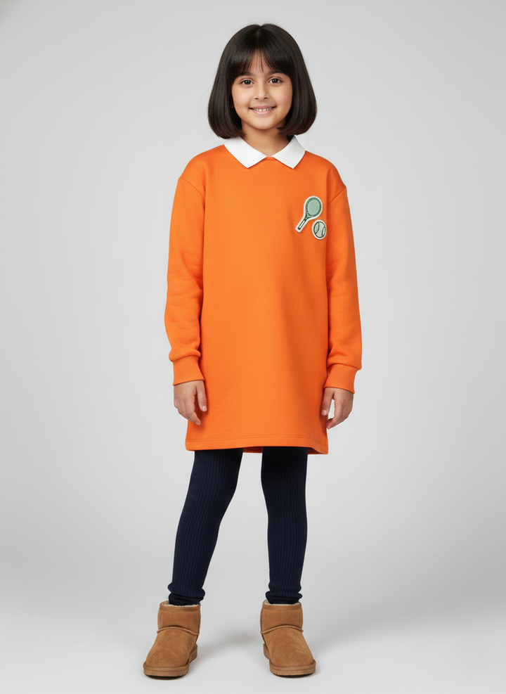 Girls Orange Collar Neck Solid Dress