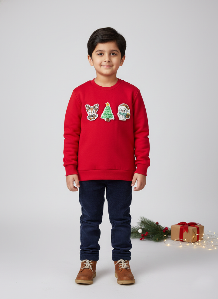 Boys Red Christmas Patch Crewneck Sweatshirt