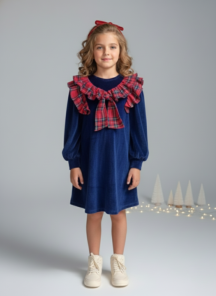 Girl's Navy Blue Velvet Dress with Plaid Ruffle Collar