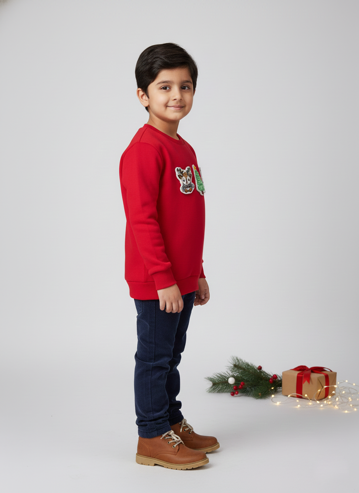 Boys Red Christmas Patch Crewneck Sweatshirt