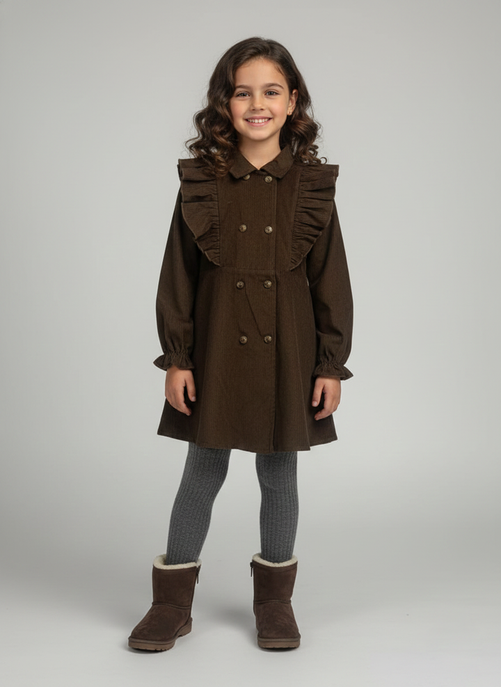 Girls Brown Rib Texture Corduroy Dress