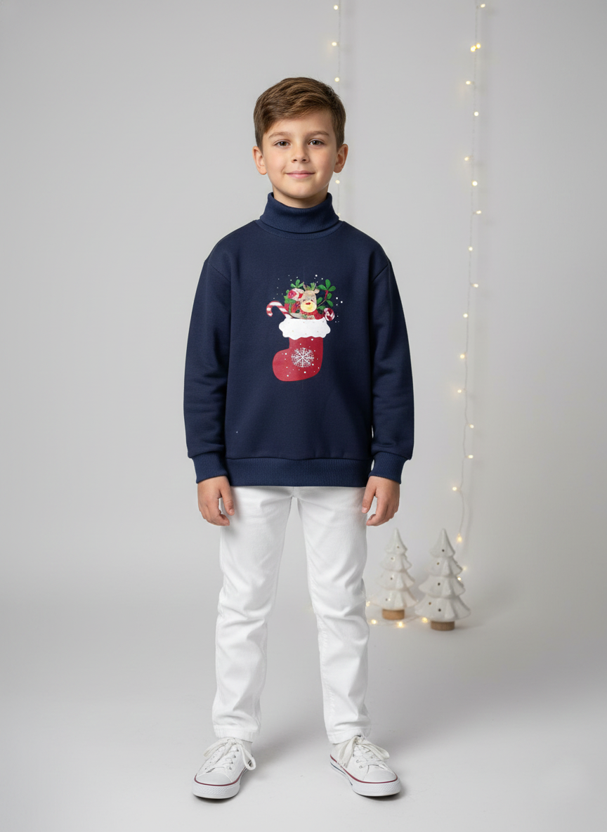 Boys Navy Christmas Patch Turtleneck Sweatshirt