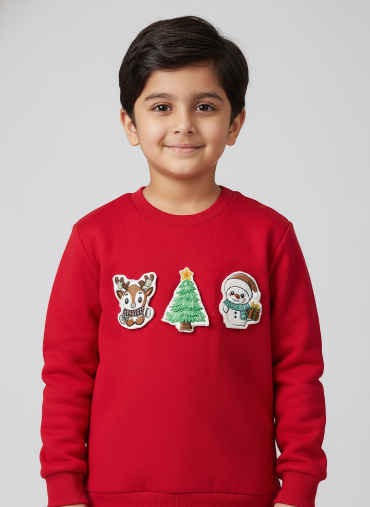 Boys Red Christmas Patch Crewneck Sweatshirt