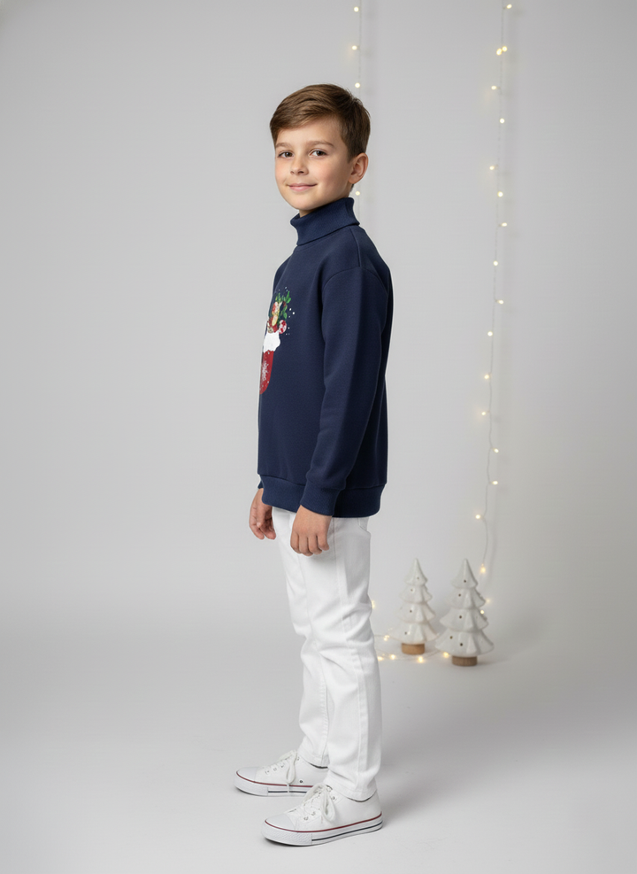 Boys Navy Christmas Patch Turtleneck Sweatshirt