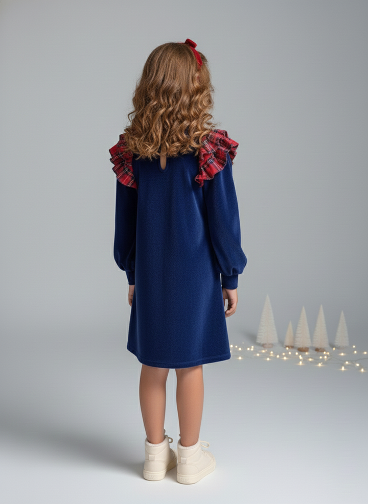 Girl's Navy Blue Velvet Dress with Plaid Ruffle Collar