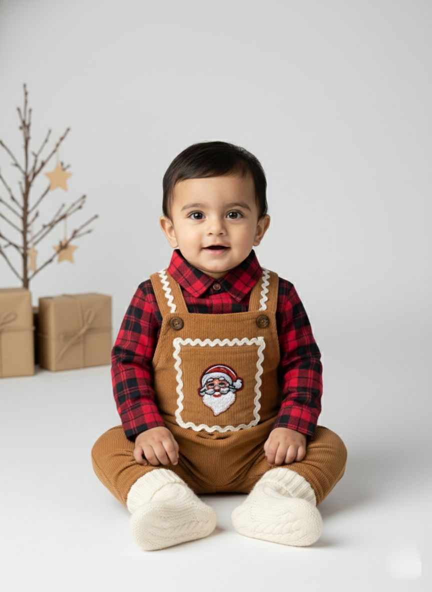 Infant Brown Christmas Dungarees with Romper Set