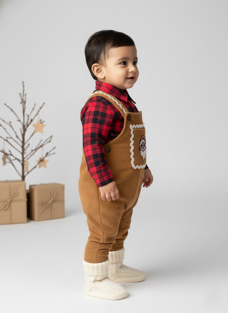 Infant Brown Christmas Dungarees with Romper Set