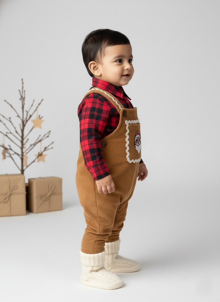 Infant Brown Christmas Dungarees with Romper Set