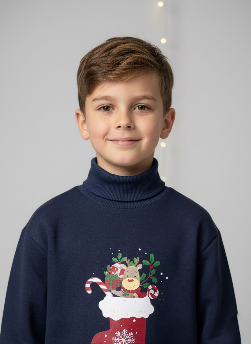Boys Navy Christmas Patch Turtleneck Sweatshirt