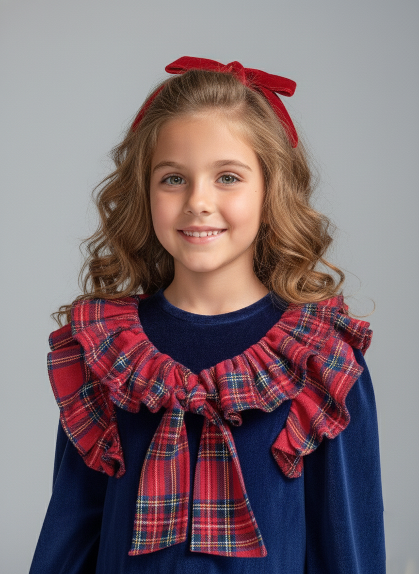 Girl's Navy Blue Velvet Dress with Plaid Ruffle Collar