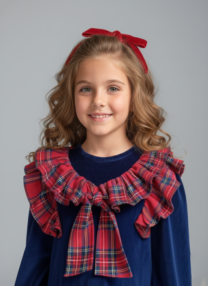 Girl's Navy Blue Velvet Dress with Plaid Ruffle Collar