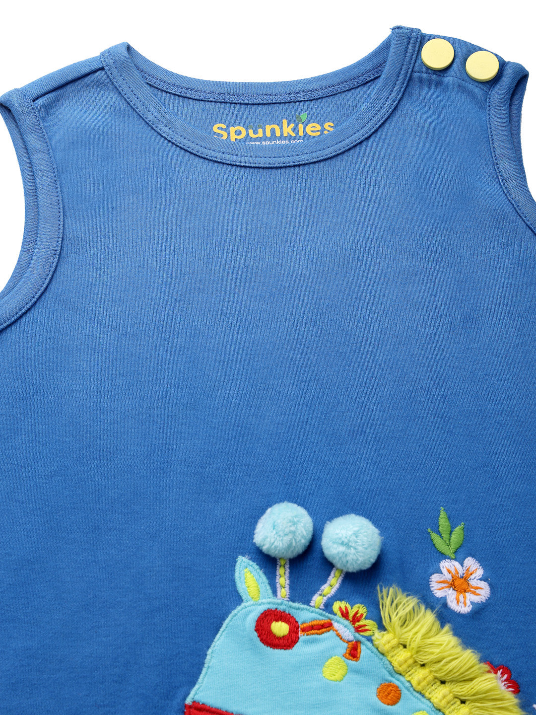 Girls' Blue Sleeveless Dress with Playful Giraffe Embroidery