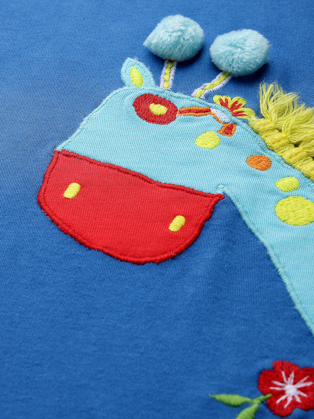 Girls' Blue Sleeveless Dress with Playful Giraffe Embroidery