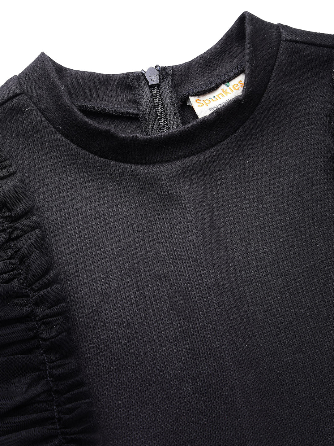 Spunkies Black Girls Solid Round Neck Frilled Sleeves Shift Dress