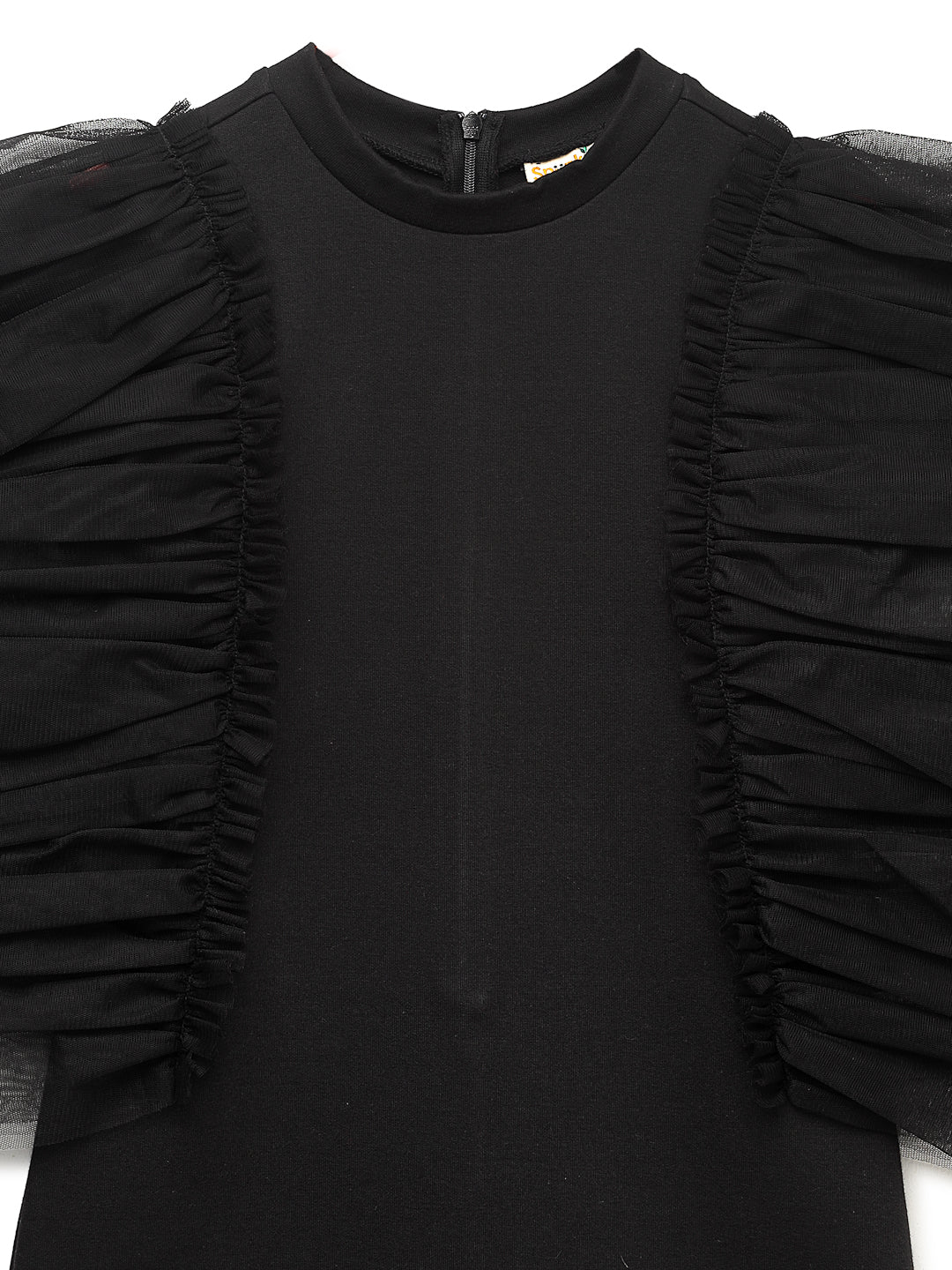 Spunkies Black Girls Solid Round Neck Frilled Sleeves Shift Dress