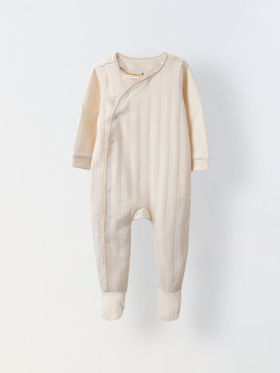 Spunkies Cotton Jacquard Jersey Knit Solid Regular Casual Wear Romper Infant Full Sleeve Off White Soft Fabric