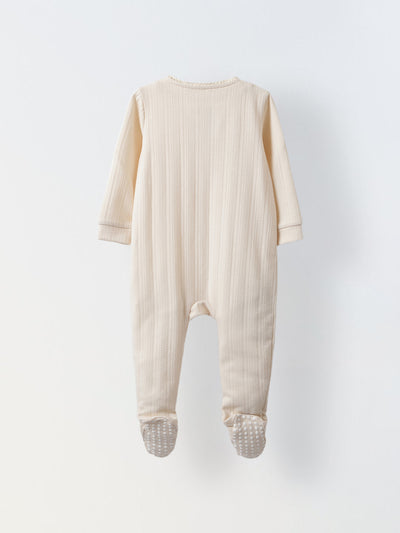 Spunkies Cotton Jacquard Jersey Knit Solid Regular Casual Wear Romper Infant Full Sleeve Off White Soft Fabric