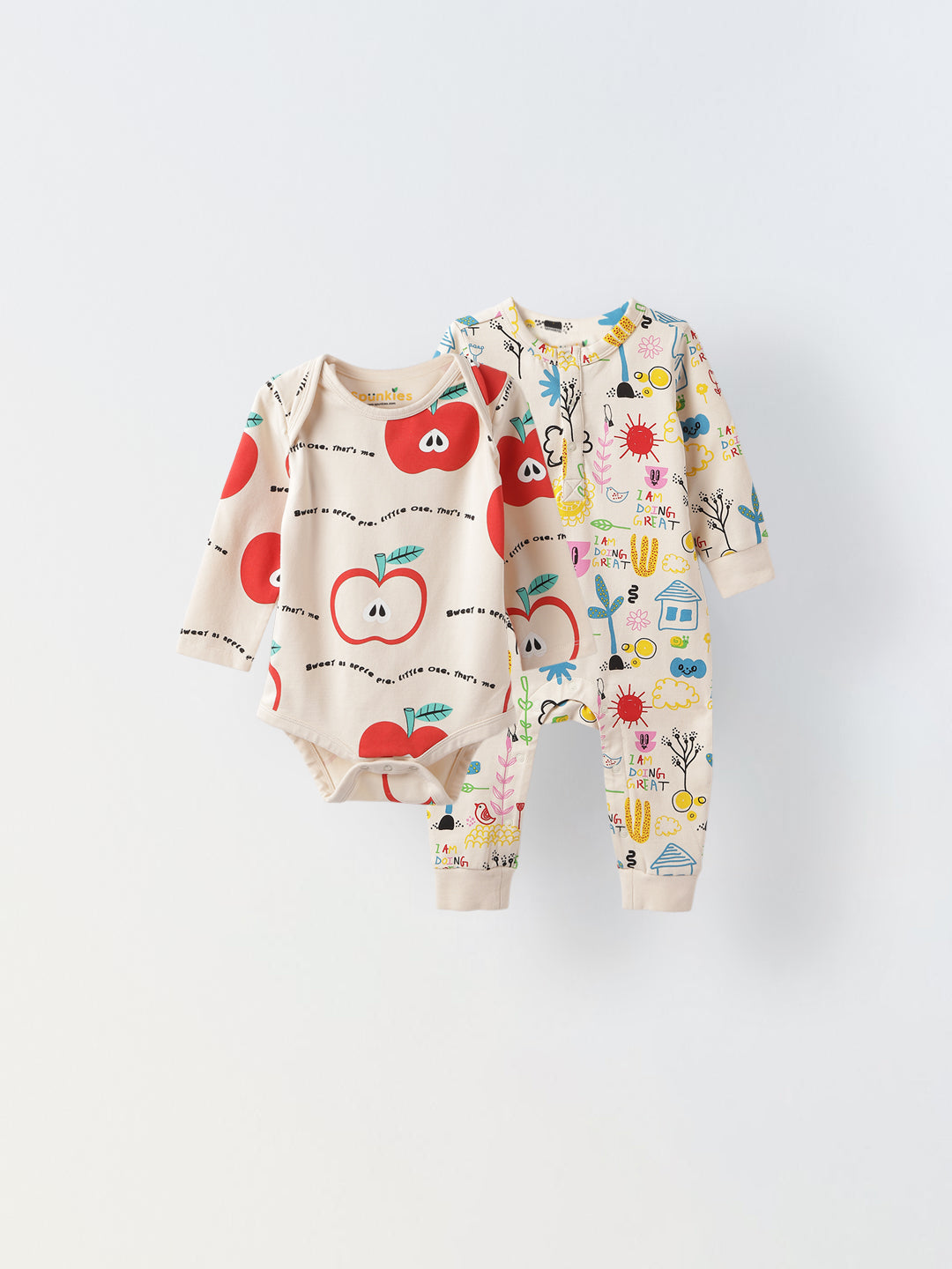 Infant Apple Print Bodysuit & Doodle Print Romper Combo - Fun & Cozy Two-Piece Set