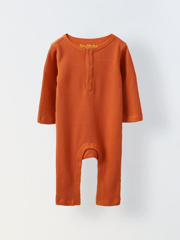 Spunkies Cotton Waffle Knit Solid Regular Casual Wear Romper Infant Full Sleeve Rust Soft Fabric