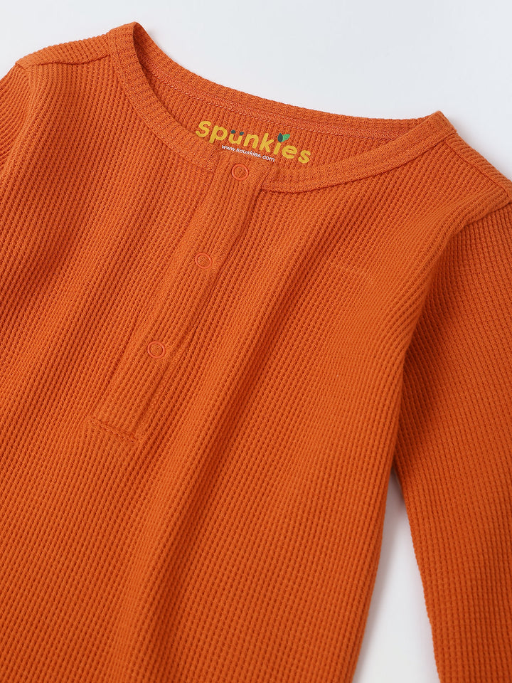 Spunkies Cotton Waffle Knit Solid Regular Casual Wear Romper Infant Full Sleeve Rust Soft Fabric