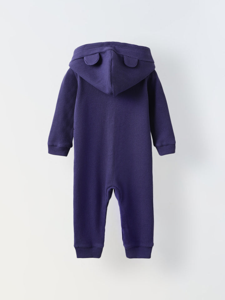 Spunkies Cotton Waffle Knit Solid Regular Casual Wear Romper Infant Full Sleeve Blue Soft Fabric