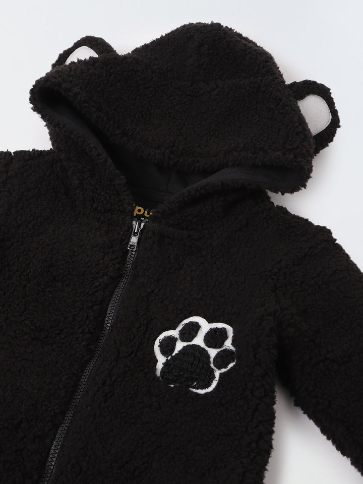 Infant Black Sherpa Bear Romper with Ear Details - Cozy & Adorable Hooded Outfit
