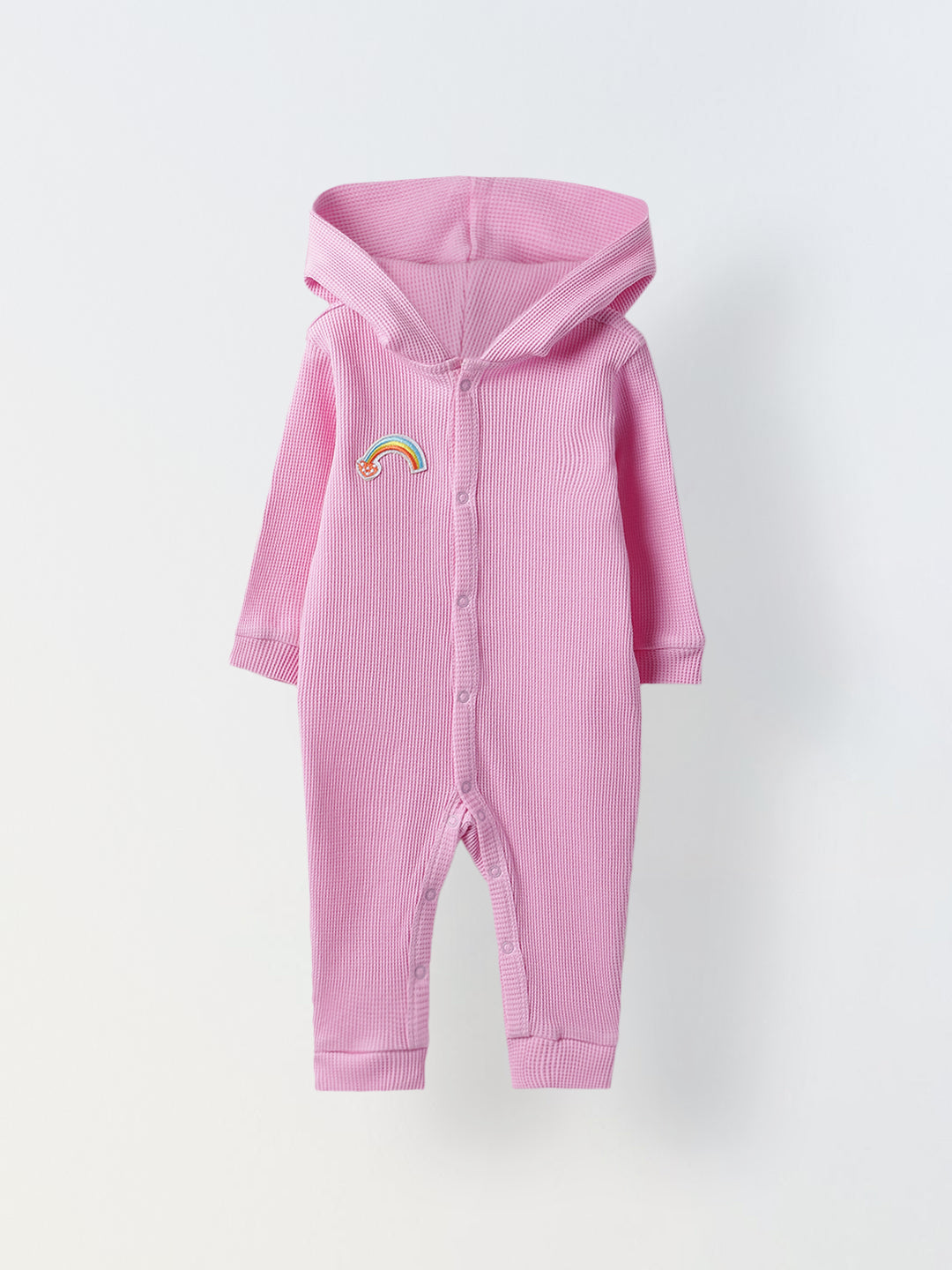 Infant Pink Hooded Romper with Rainbow Patch