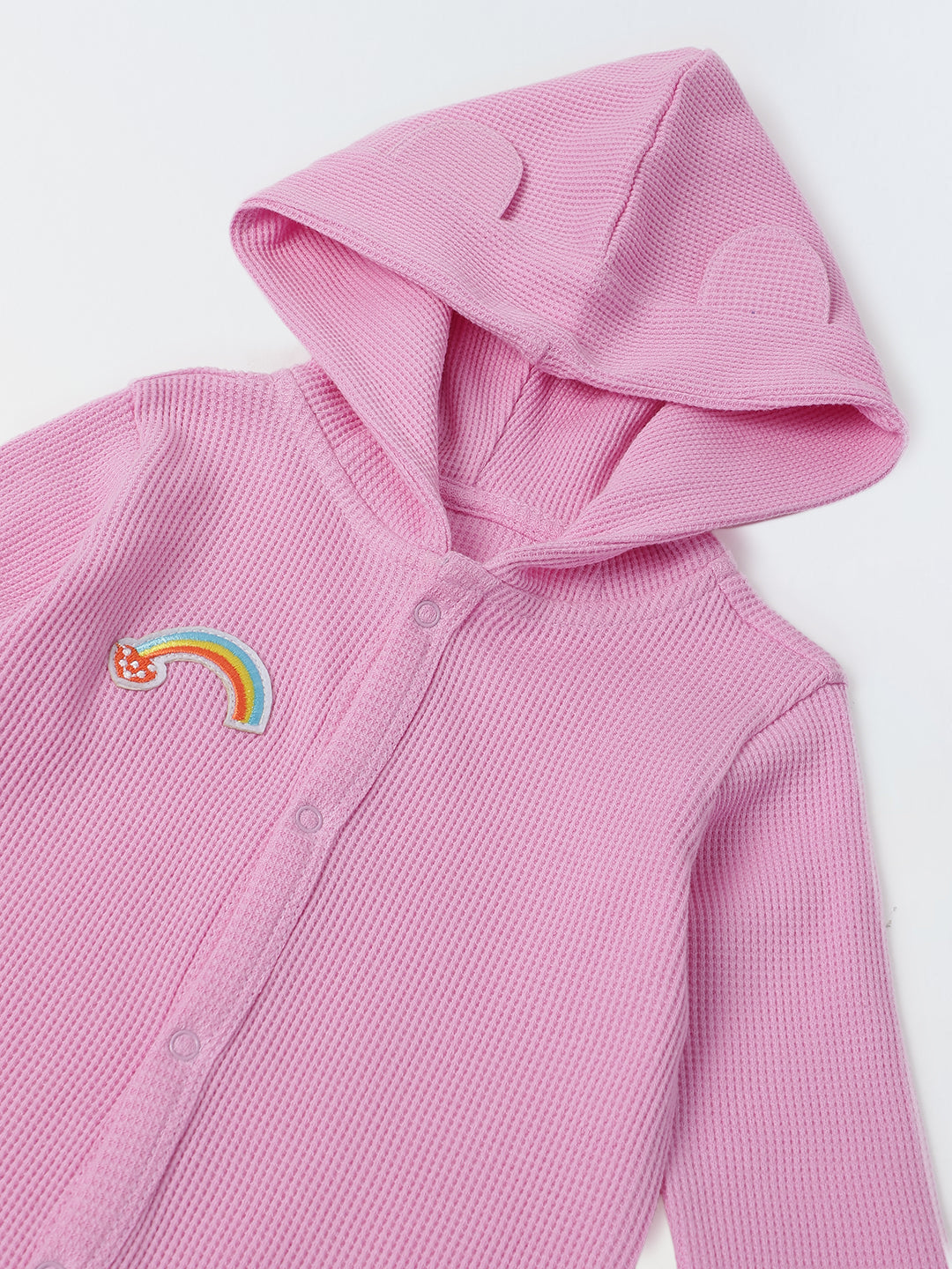 Infant Pink Hooded Romper with Rainbow Patch