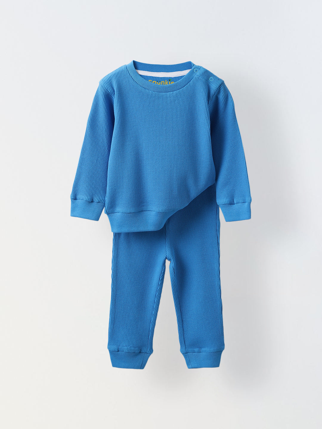 Spunkies Cotton Waffle Knit Solid Regular Casual Wear Set Infant Full Sleeve Blue Soft Fabric