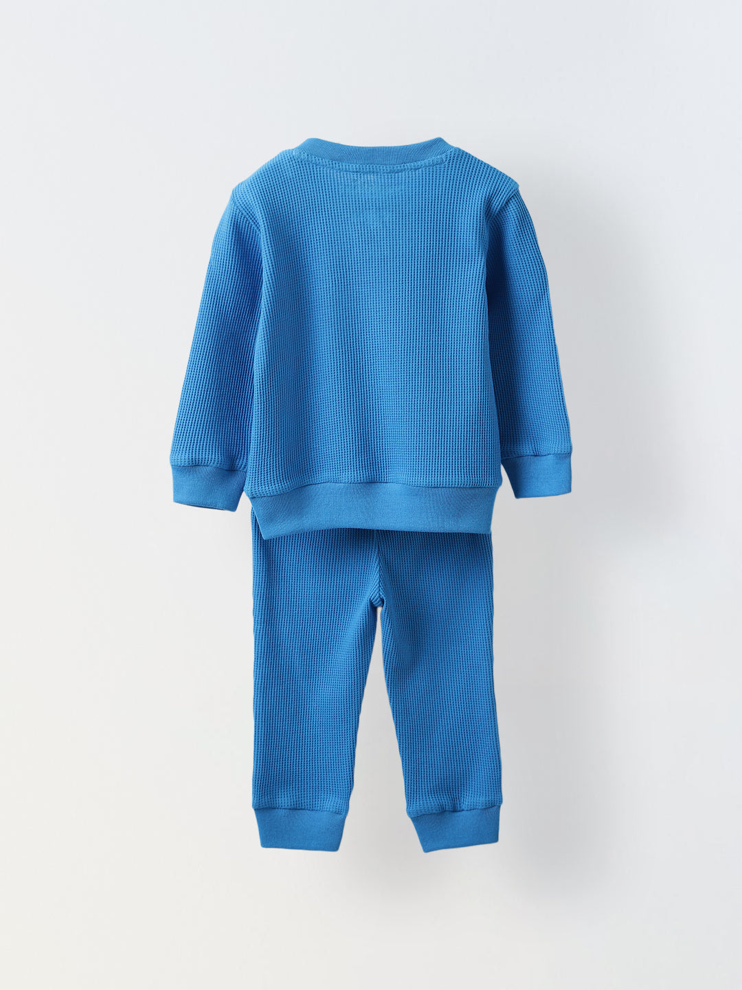 Spunkies Cotton Waffle Knit Solid Regular Casual Wear Set Infant Full Sleeve Blue Soft Fabric
