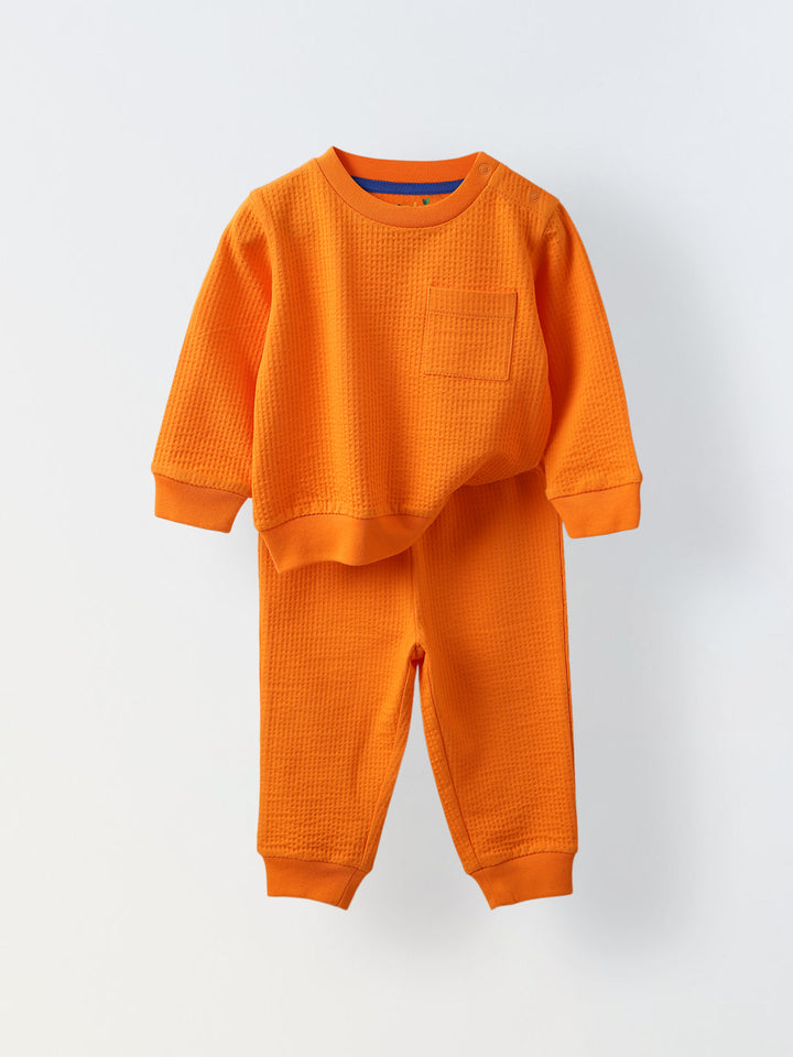 Spunkies Cotton Structure Jersey Knit Solid Regular Casual Wear Set Infant Full Sleeve Orange Soft Fabric