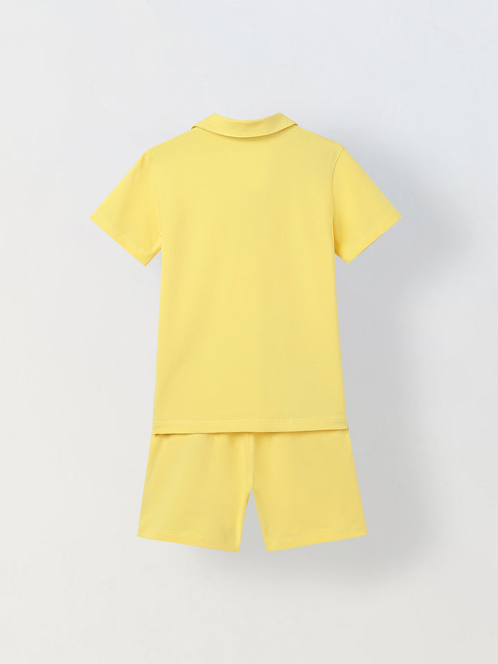 Spunkies Boys Yellow Solid Collared Short Sleeves Polo T-Shirt and Shorts Set
