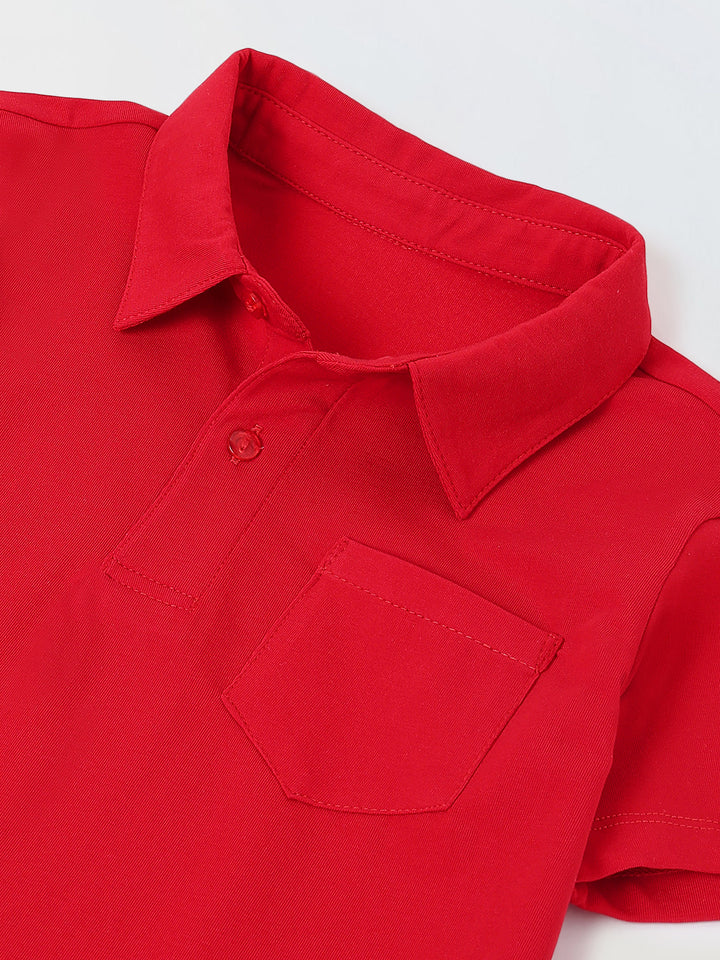 Spunkies Boys Red Solid Collared Short Sleeves Polo T-Shirt and Shorts Set