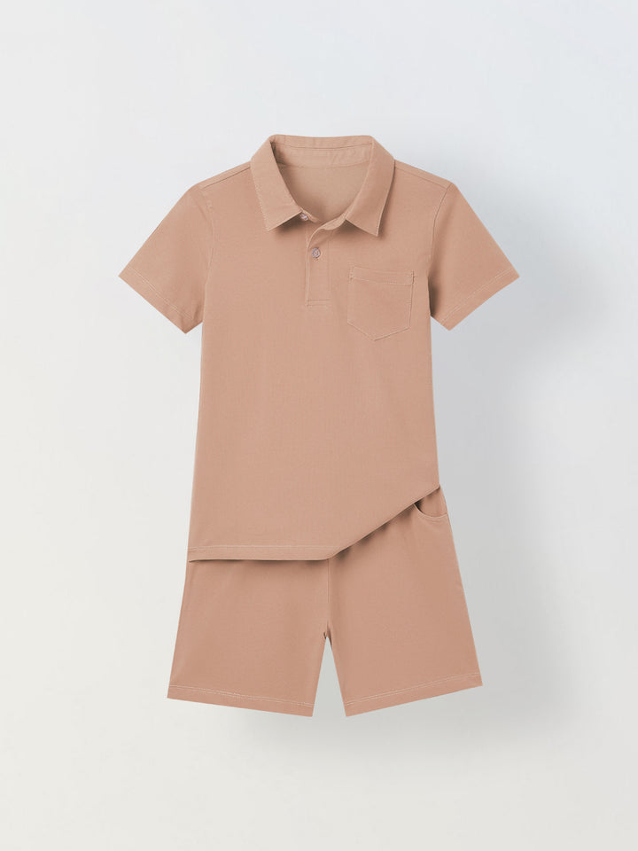 Spunkies Boys Brown Solid Collared Short Sleeves Polo T-Shirt and Shorts Set