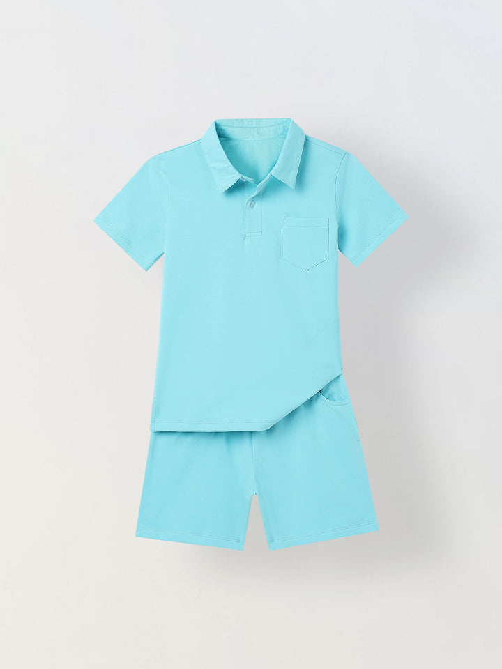 Spunkies Boys Aqua Solid Collared Short Sleeves Polo T-Shirt and Shorts Set
