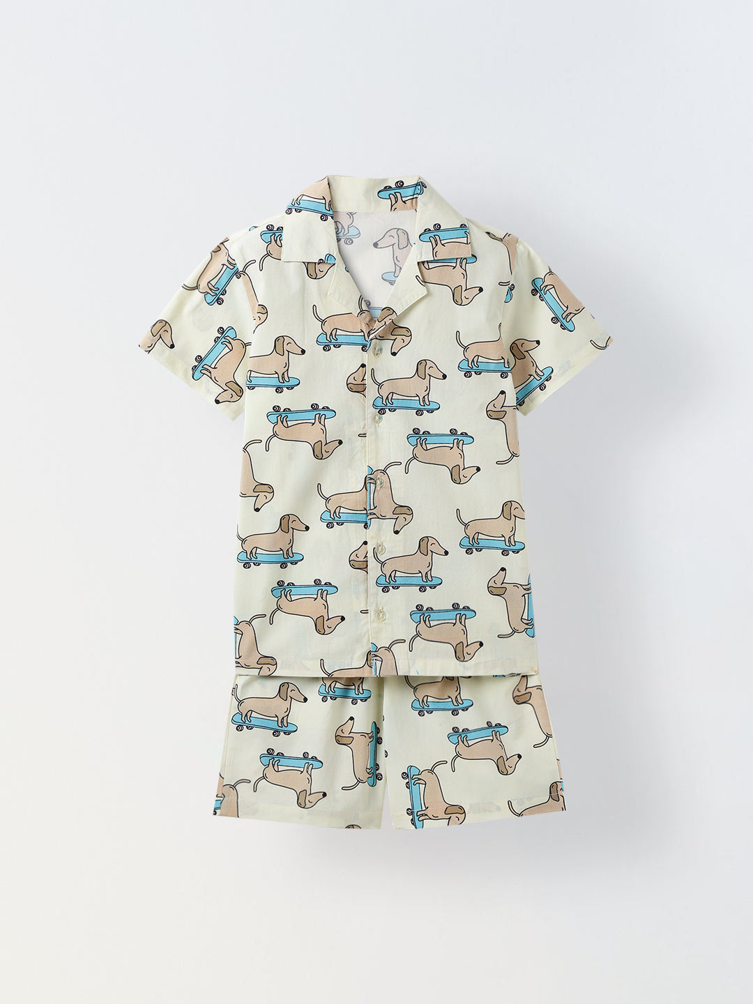 Off White Dachshund Print Cotton Co-Ord Set For Boy