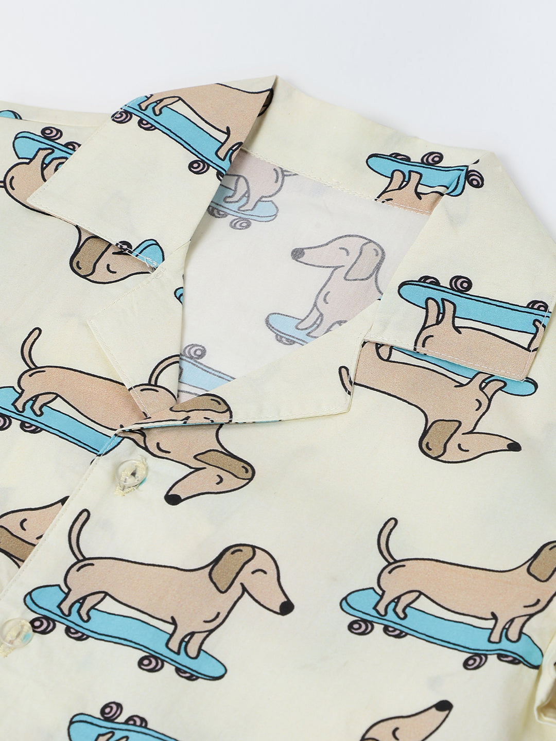 Off White Dachshund Print Cotton Co-Ord Set For Boy