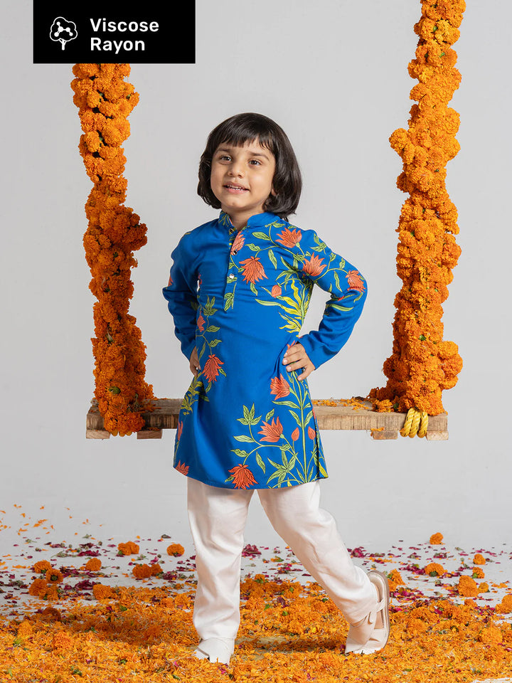 Printed Blue Kurta Set For Boys