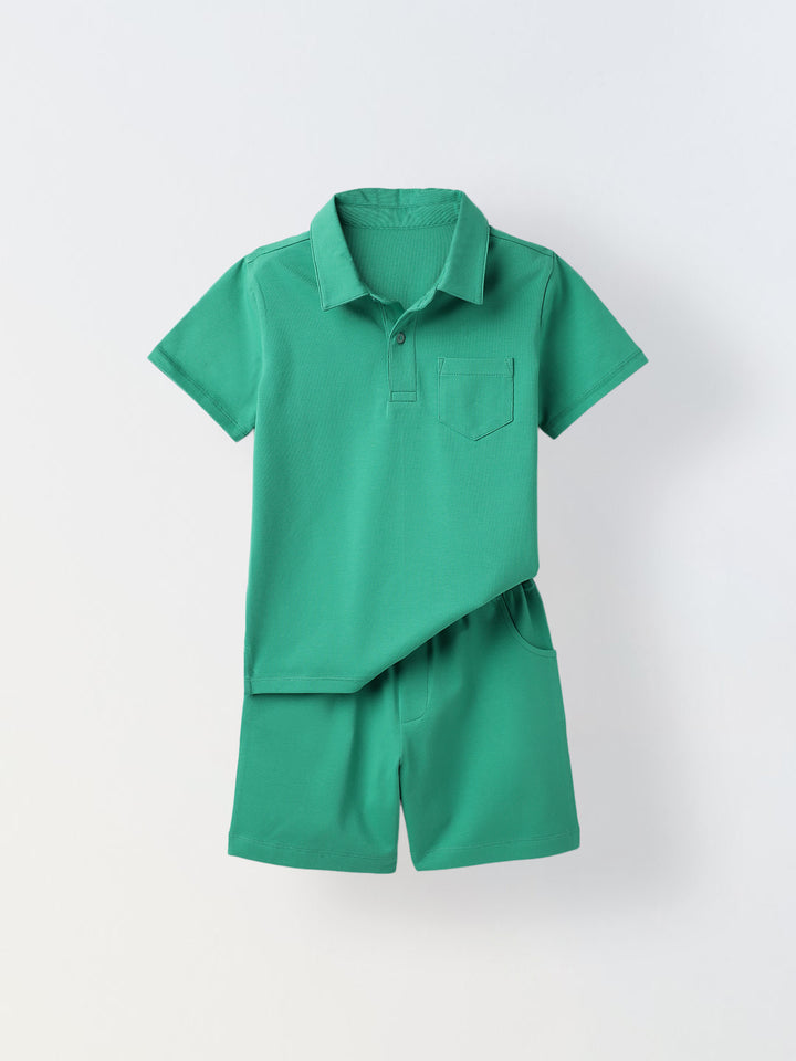 Green Cotton Polo T-Shirt Co-Ord Set-Boys