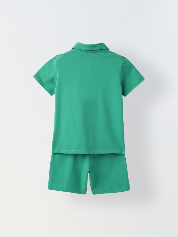 Green Cotton Polo T-Shirt Co-Ord Set-Boys