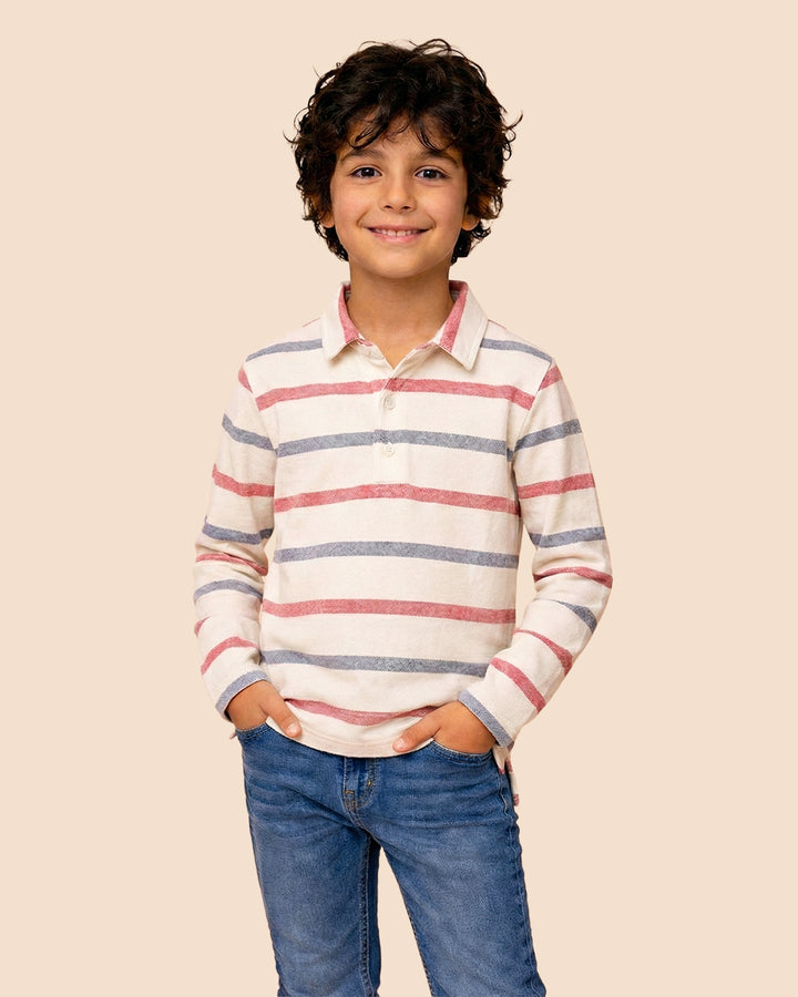 Boys White Collar Neck Striped Polo T-Shirt