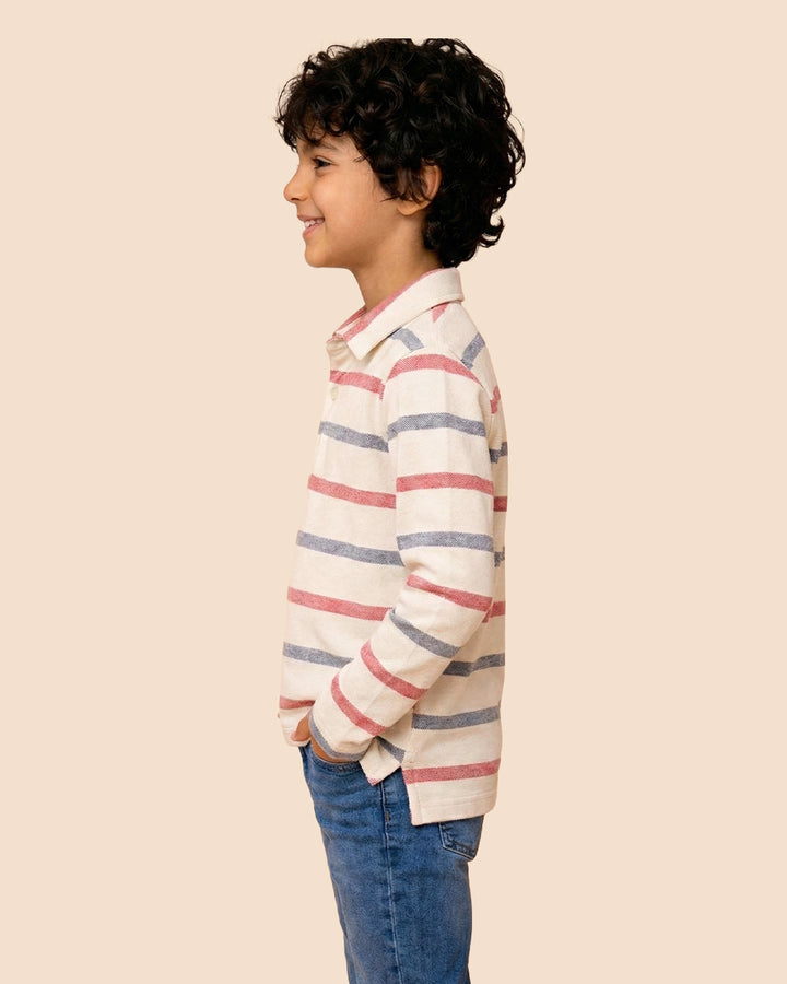 Boys White Collar Neck Striped Polo T-Shirt