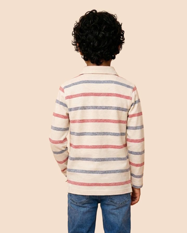 Boys White Collar Neck Striped Polo T-Shirt