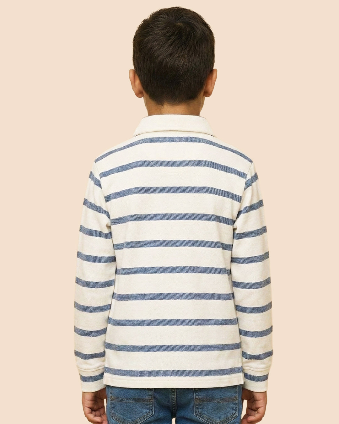 Boys White Collar Neck Striped Polo T-Shirt