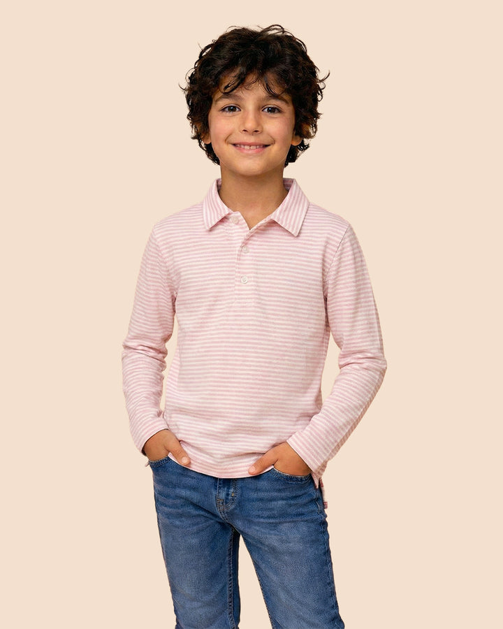 Boys Pink/White Collar Neck Striped Polo T-Shirt