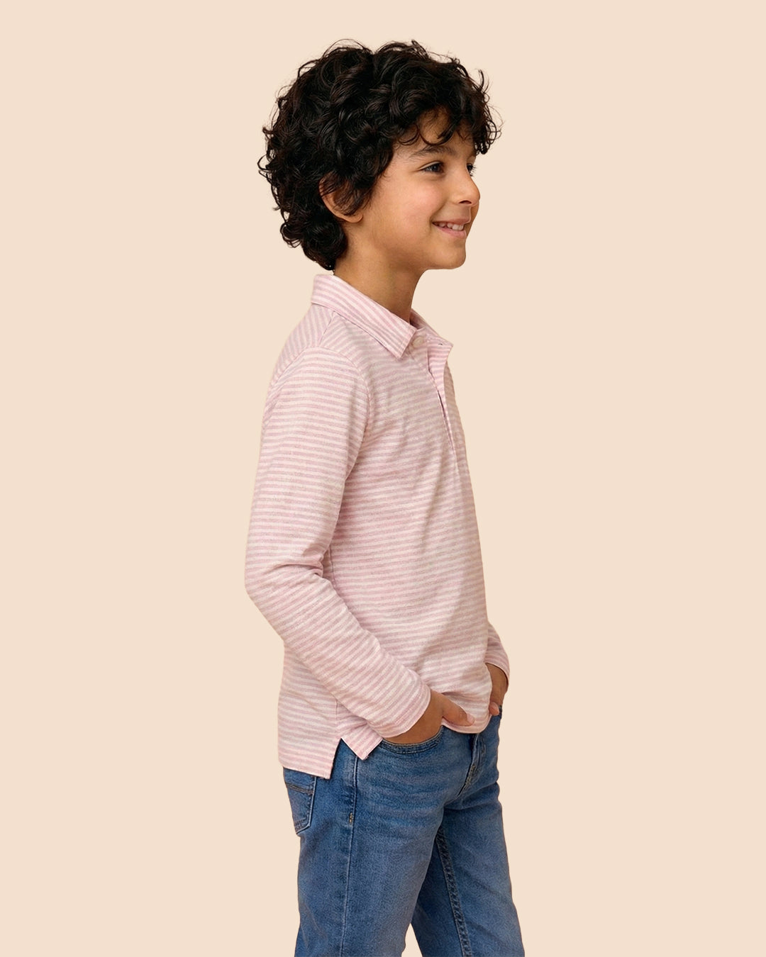 Boys Pink/White Collar Neck Striped Polo T-Shirt