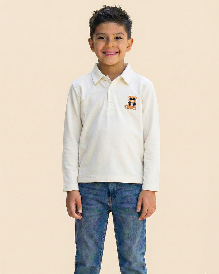 Boys Off White Collar Neck Polo T-Shirt with Patch